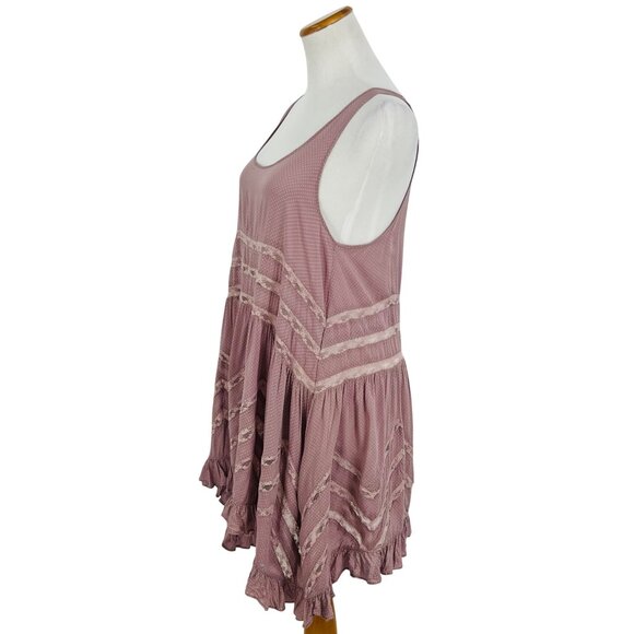Free People Pink Tiered Ruffle Voile & Lace Mini Slip Dress | Cottagecore Boho M - Picture 6 of 16